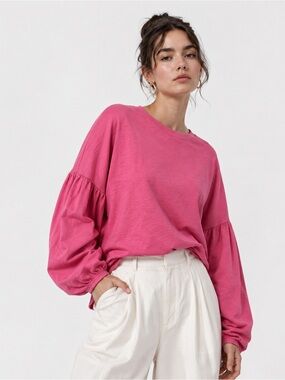 NWT Nation LA S Oversized Long Sleeve Crewneck Top Puffed Sleeves Raw Hem Modern